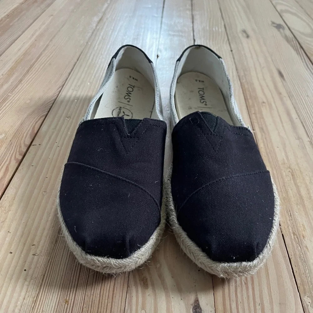 Toms Earthwise Alpargata Espadrille Black Striped Canvas Slip On Flats Women 8.5